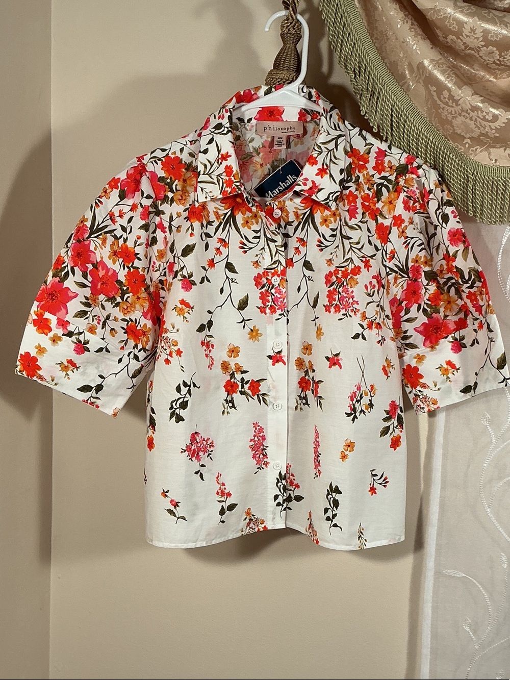 NWT Philosophy Short Sleeve Button-Up Shirt White Red Green Floral Print Sz M